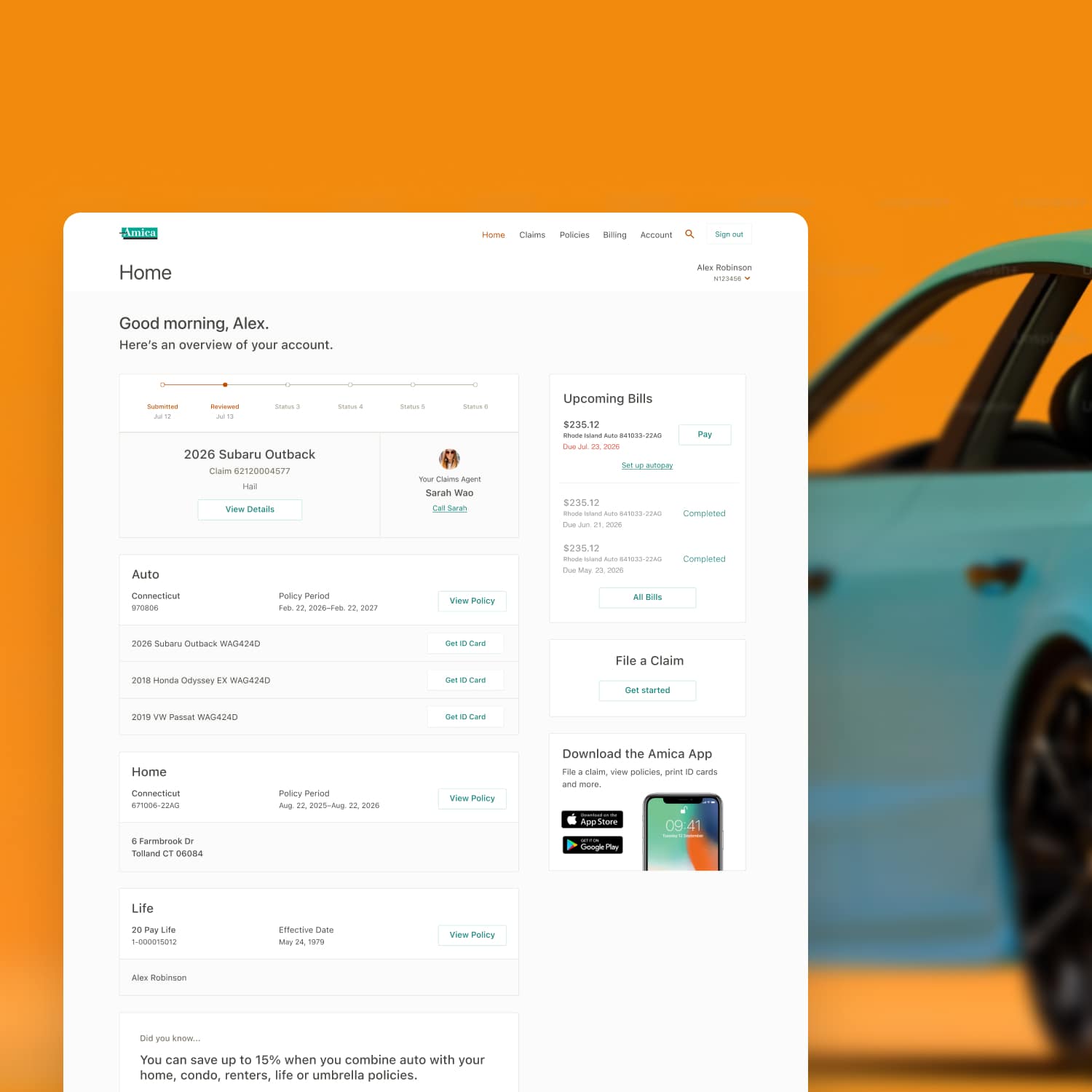 Amica user portal home screen