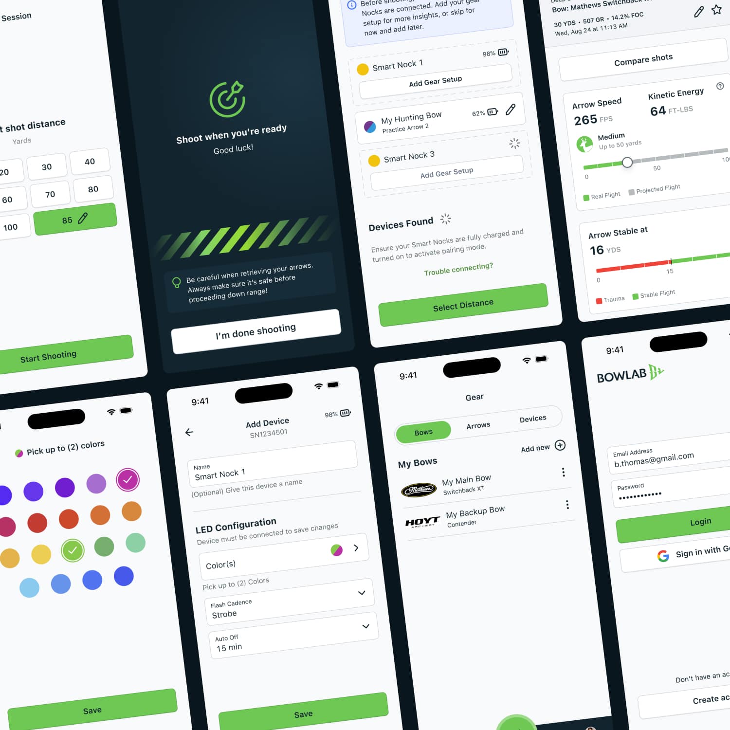 Bowlab companion app screens for tracking archery shots