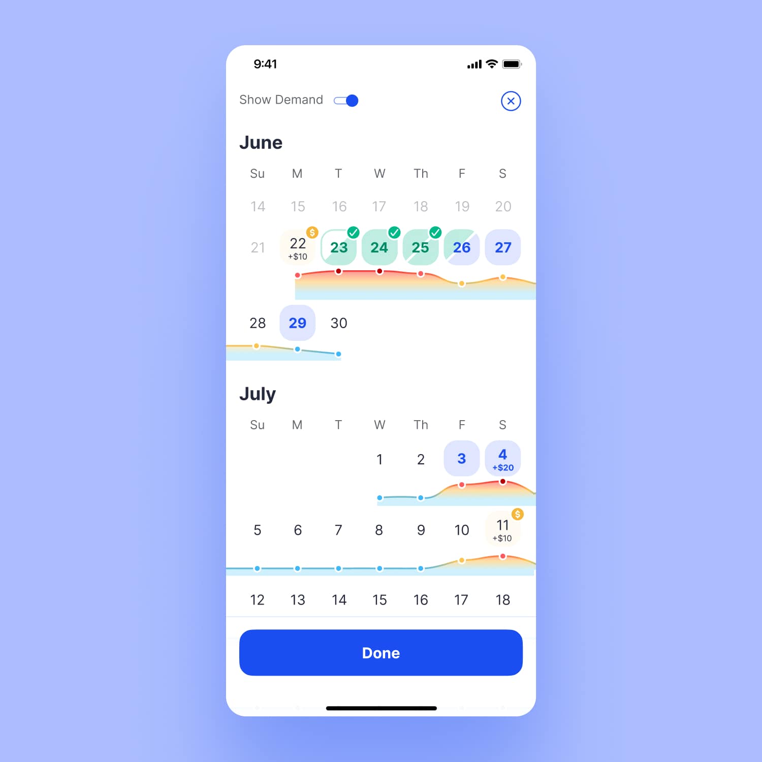 Daydream calendar screen showing demand pricing by day