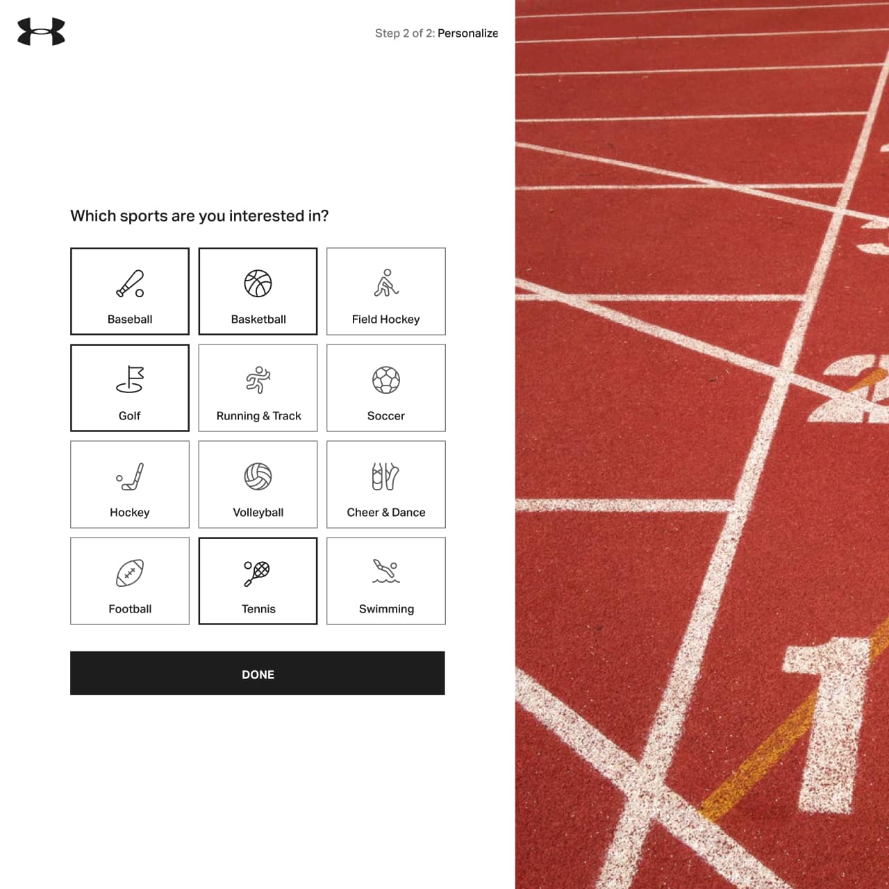 Under Armour onboarding sport preferences step