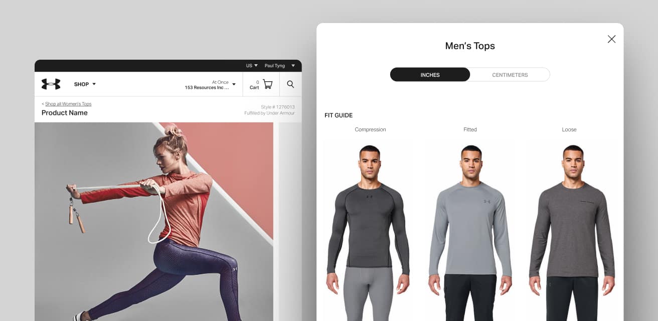 Under Armour product page with size fit guide modal