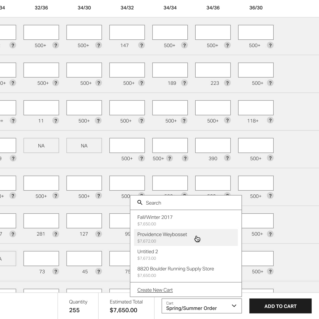 Under Armour bulk order size run grid